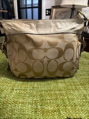 Coach Beige Signature Canvas Shoulder Bag with Leather Trim
